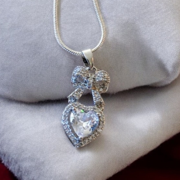 Sterling Silver CZ Heart Pendant with bow on Silver Chain - Picture 2 of 2